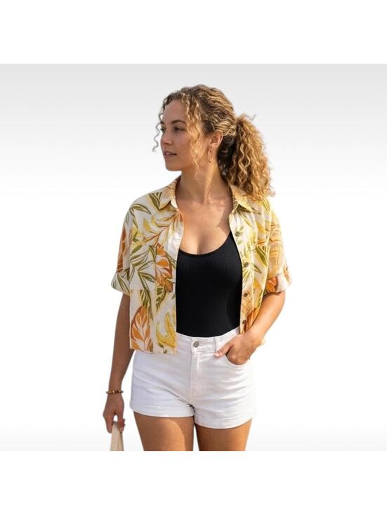 Shore Tops - Shore Tropical Floral Print Button Down Raw Hem Crop Top Size Medium